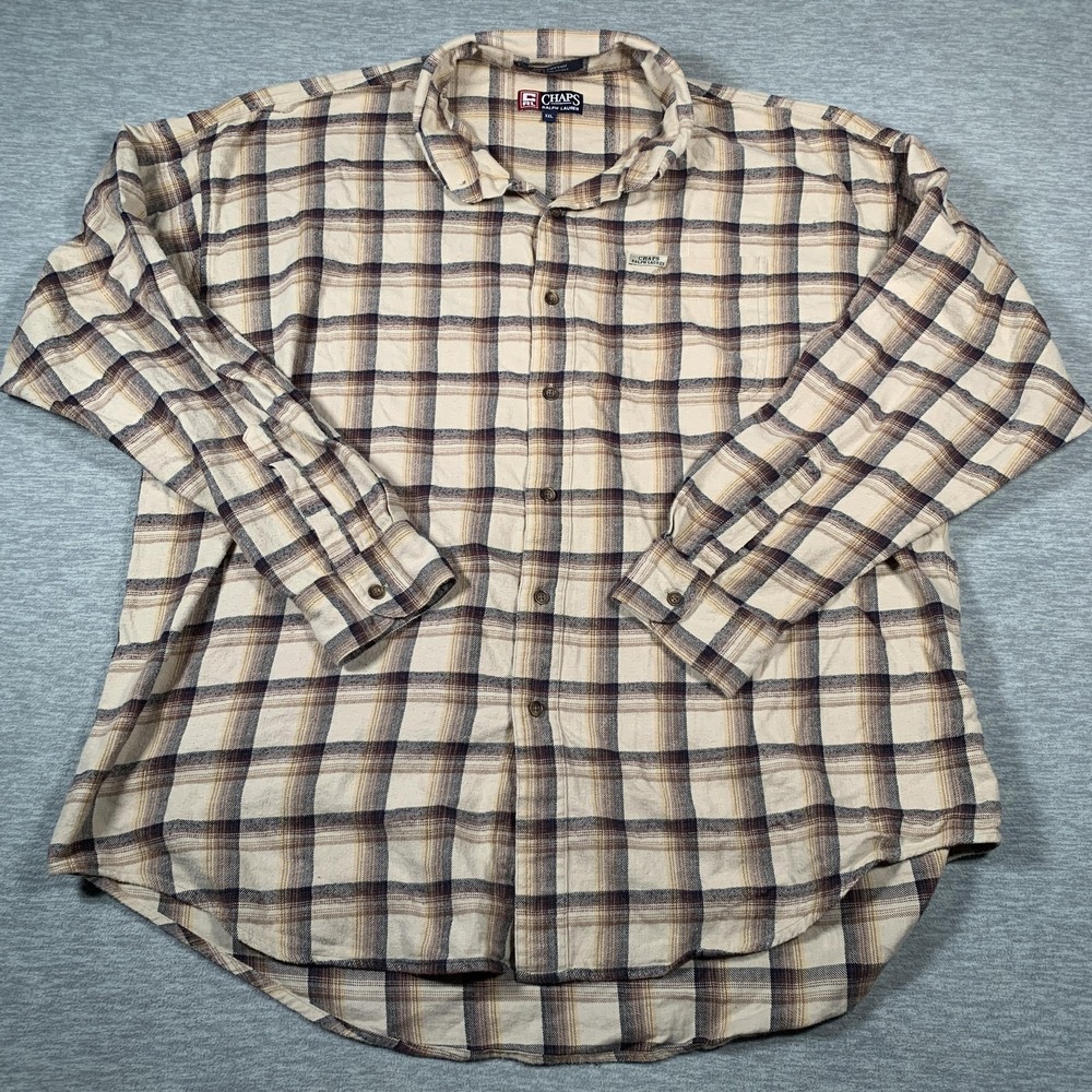 Chaps Ralph Lauren Shirt Mens 2XL Beige Brown Plaid Long Sleeve Button Front